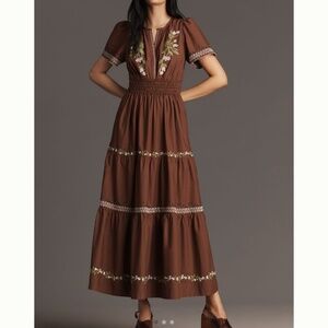 Anthropologie Somerset embroidered brown maxi dress. Size medium NWT.